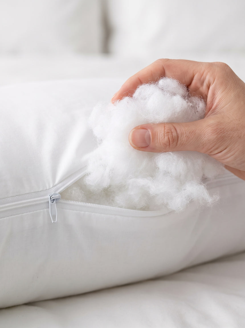 Mano che estrae l'imbottitura in fibra morbida dalla zip del cuscino interno
