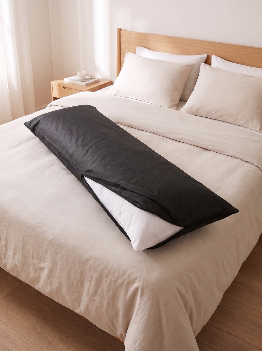 Custodia protettiva aperta a metà con il dakimakura bianco all'interno