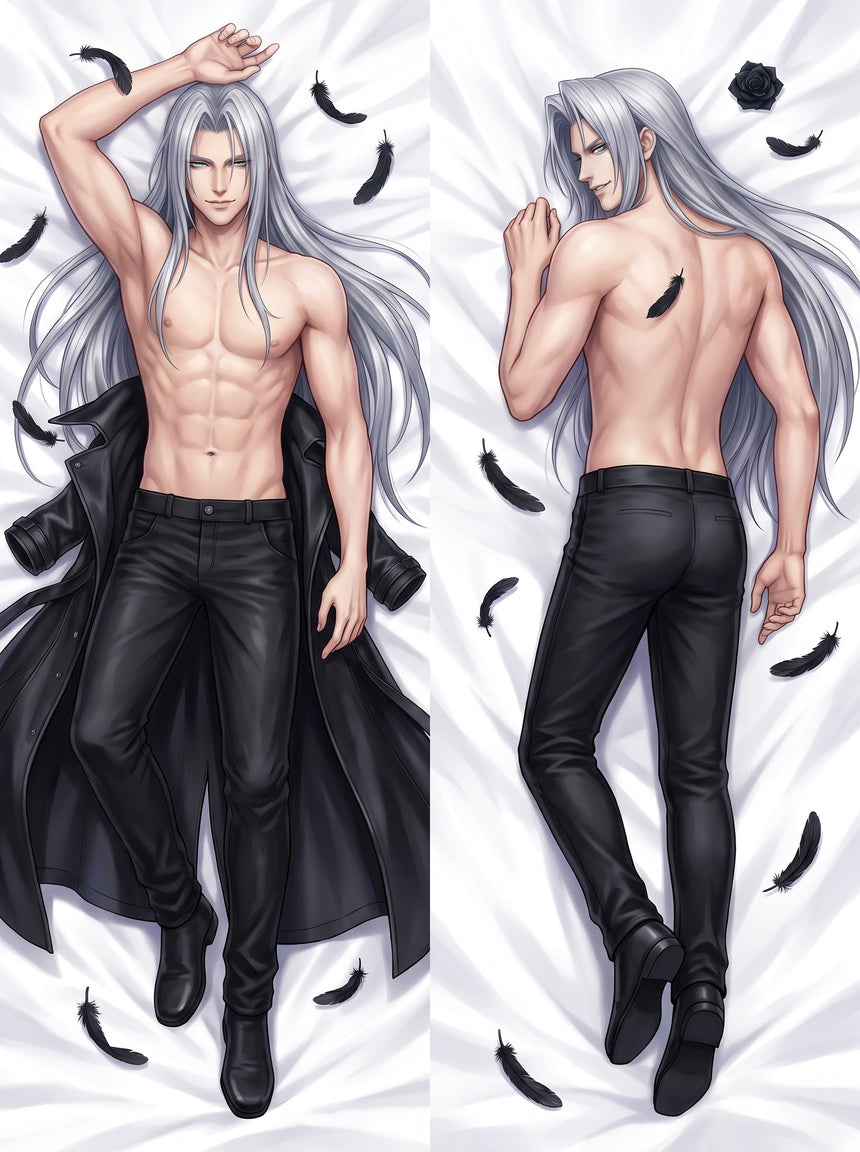 Dakimakura Sephiroth a Petto Nudo con Piume Nere